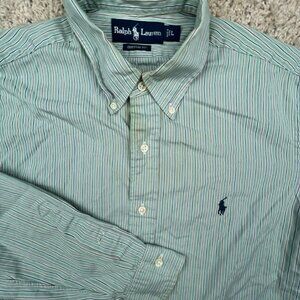 Ralph Lauren Button Up Shirt Cotton Adult Size Large Green Striped Custom Fit